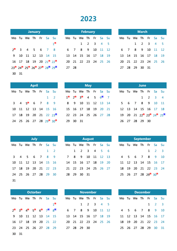 2023年日历 带节假日调休 A4纵向 英文版 无农历 无周数 周一开始